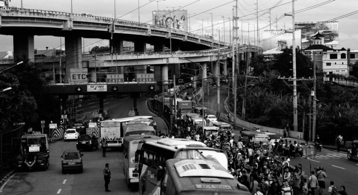 jammed traffic in gray scale photography